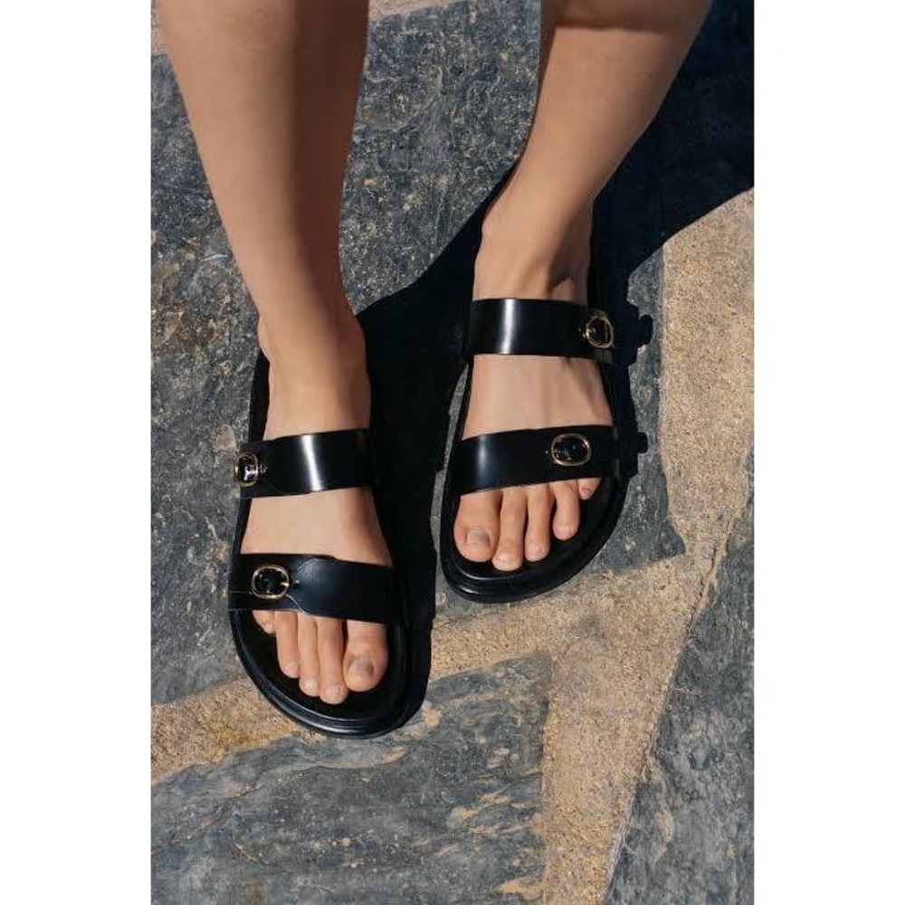 Zara Black Leather Double Strap Buckle Slide Sandals Gold Hardware EU 38
